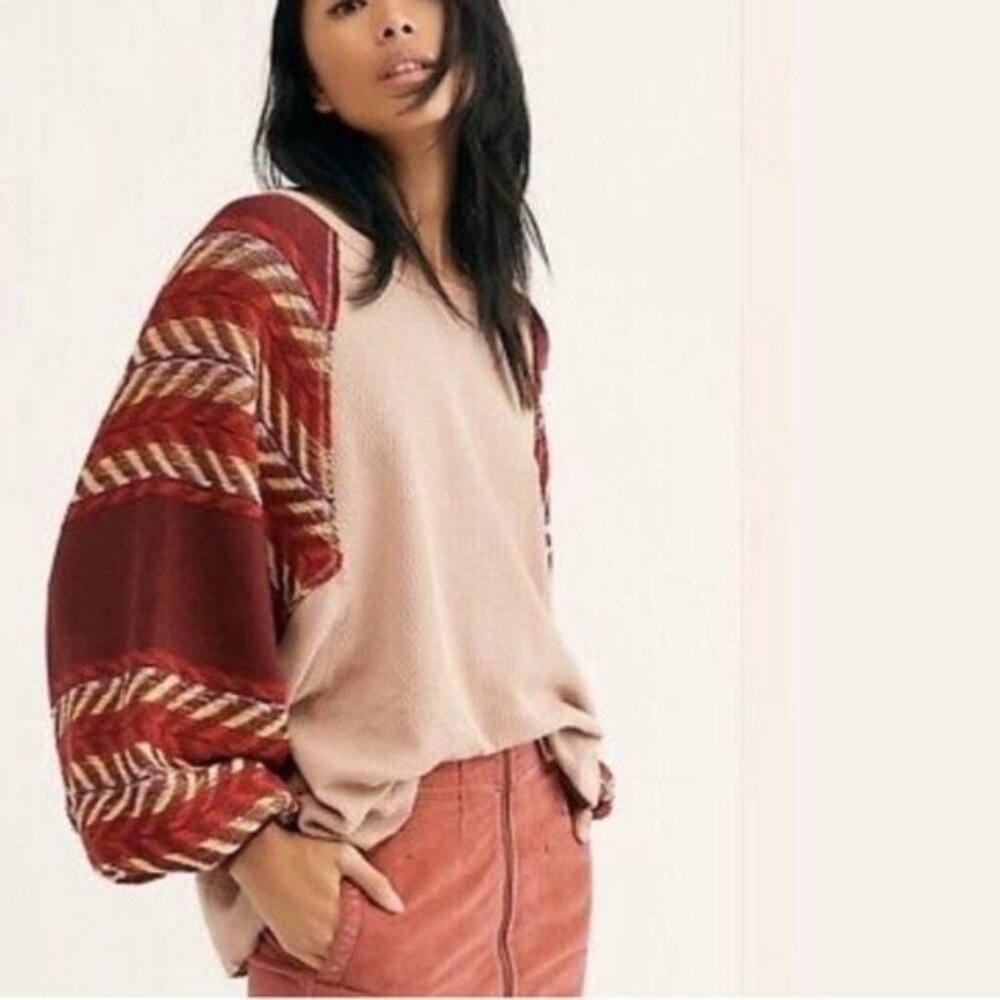 We the Free Oversized Blouse Contrast Sleeves Pink Maroon